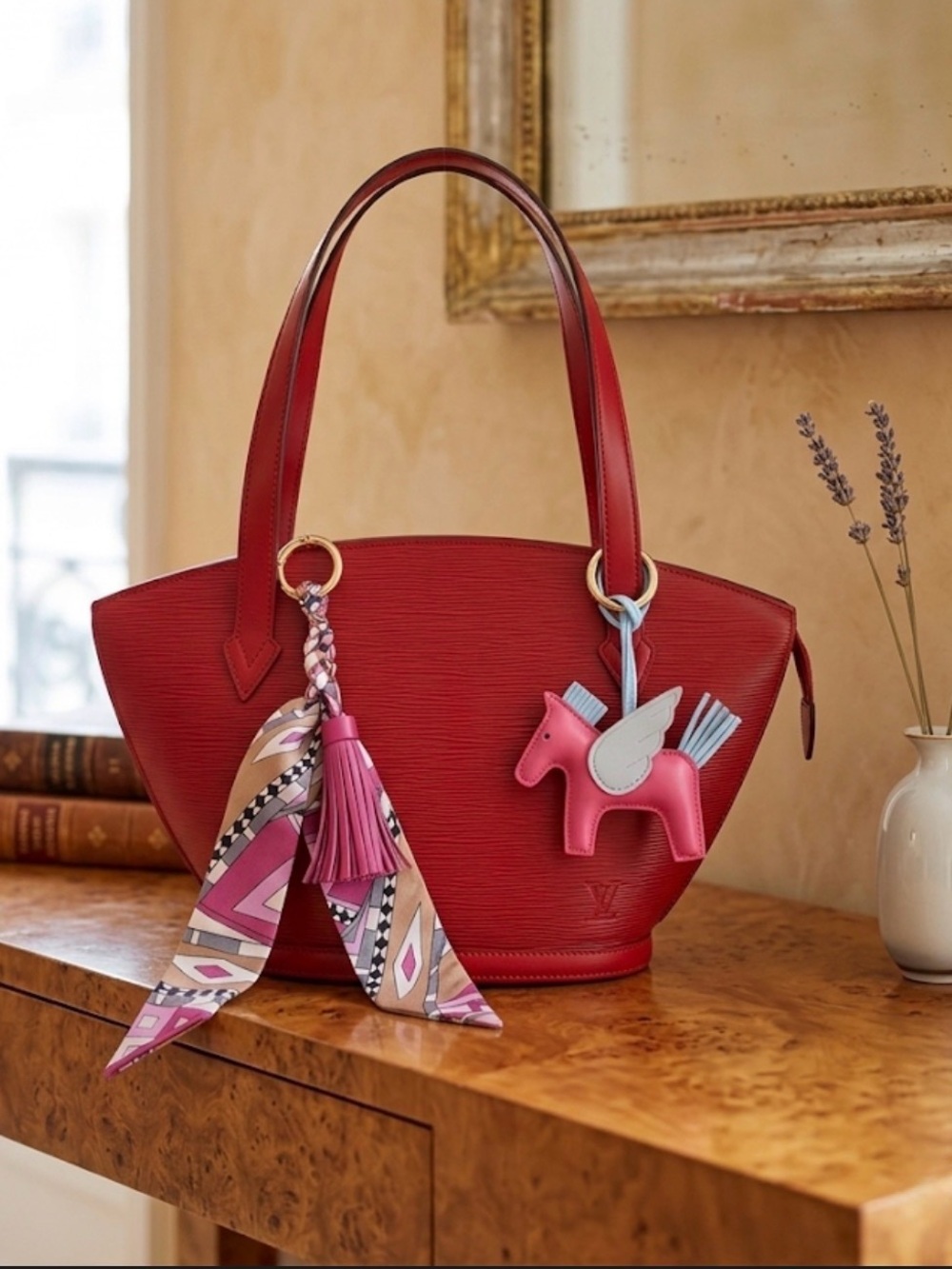 Louis Vuitton Red Leather Shoulder Bag with Pink Charm